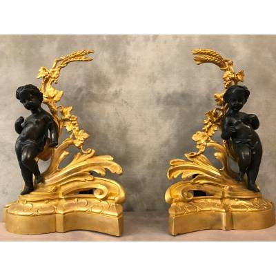 Belle paire de chenets en bronze doré et bronze patiné d'époque 19 ème Napoléon III