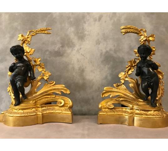 Belle paire de chenets en bronze doré et bronze patiné d'époque 19 ème Napoléon III