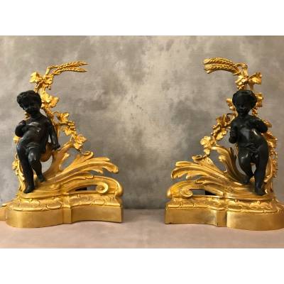 Belle paire de chenets en bronze doré et bronze patiné d'époque 19 ème Napoléon III