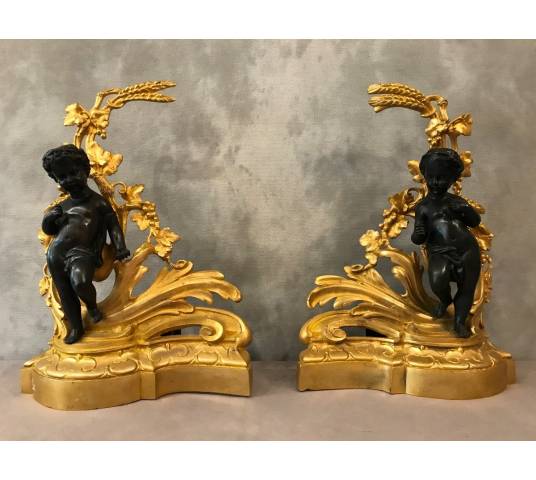 Belle paire de chenets en bronze doré et bronze patiné d'époque 19 ème Napoléon III