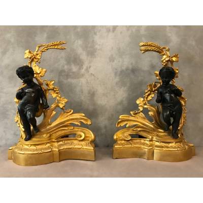 Belle paire de chenets en bronze doré et bronze patiné d'époque 19 ème Napoléon III