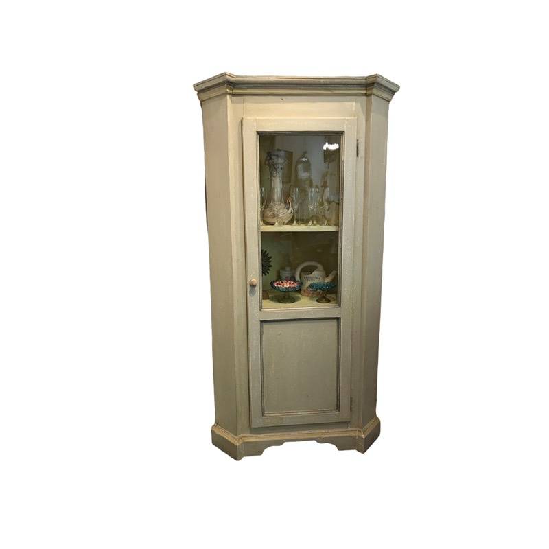 Encoignure, meuble d’angle en bois peint avec porte vitré
