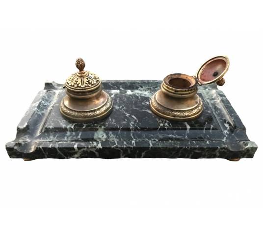 Bronze encrier on vintage green marble 19 th