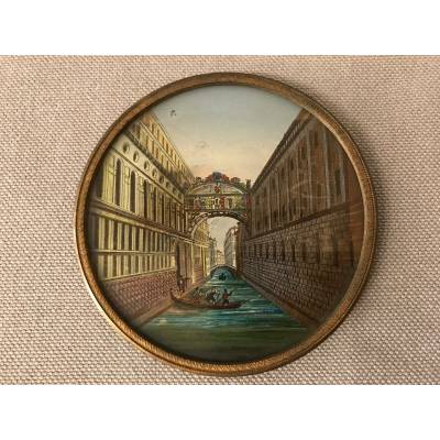 Joli cadre miniature églomisé avec un décor du pont des Soupirs d'époque 18ème