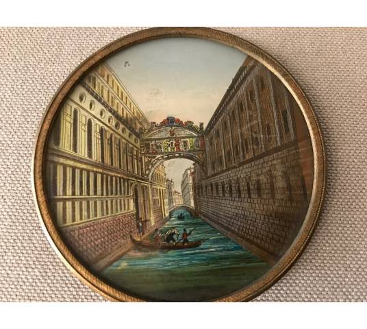 Joli cadre miniature églomisé avec un décor du pont des Soupirs d'époque 18ème