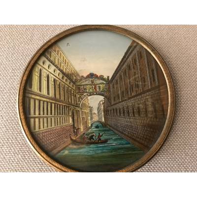 Joli cadre miniature églomisé avec un décor du pont des Soupirs d'époque 18ème