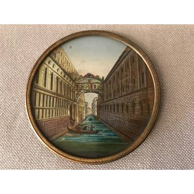 Joli cadre miniature églomisé avec un décor du pont des Soupirs d'époque 18ème