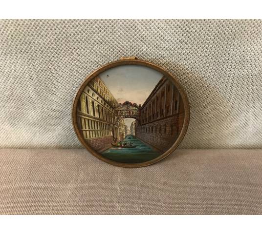 Joli cadre miniature églomisé avec un décor du pont des Soupirs d'époque 18ème