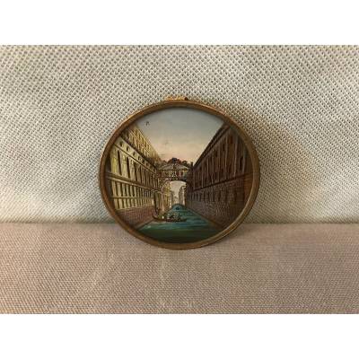 Joli cadre miniature églomisé avec un décor du pont des Soupirs d'époque 18ème