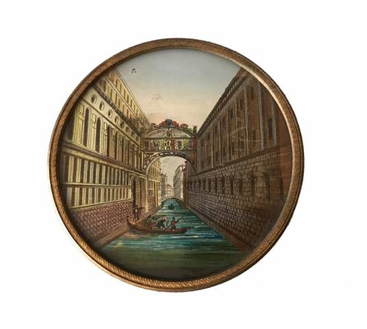 Joli cadre miniature églomisé avec un décor du pont des Soupirs d'époque 18ème