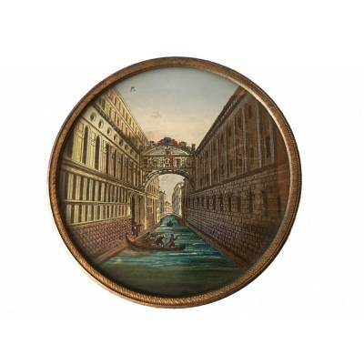Joli cadre miniature églomisé avec un décor du pont des Soupirs d'époque 18ème