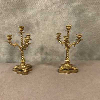 Paire de bougeoirs miniature en bronze doré d'époque 19 ème Napoléon III