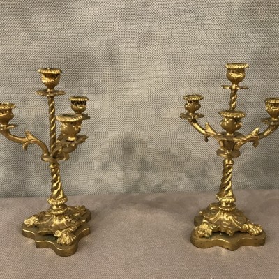 Paire de bougeoirs miniature en bronze doré d'époque 19 ème Napoléon III