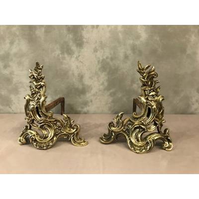 Paire de chenets en bronze de style Louis XV d' epoch 19 ème