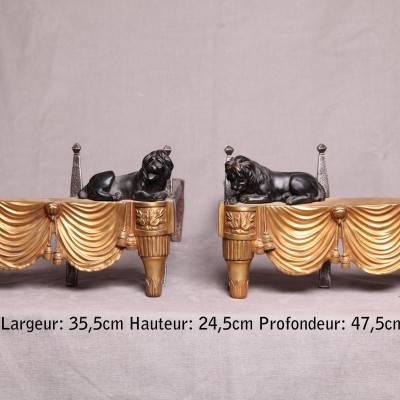 Paire de chenets en bronze doré aux lions d'époque 19 ème