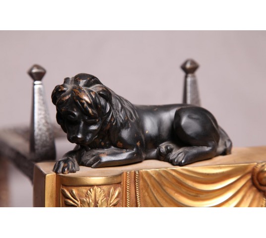 Paire de chenets en bronze gilt aux lions d' epoch 19 ème