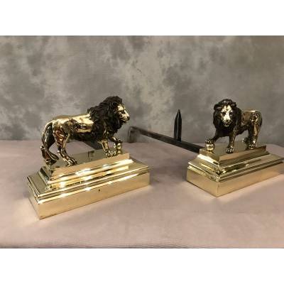 Belle paire de chenets anciens en bronze d'époque 19 ème modèle aux lions