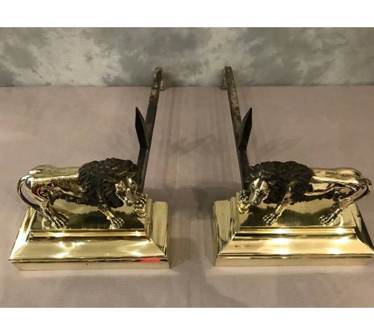 Belle paire de chenets anciens en bronze d'époque 19 ème